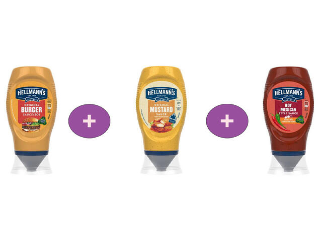 Hellmann's Original Burger 250ML + Sos Mustar 250 ML Hellmann's + Sos Hellman's picant Mexican Style 250ML , 3 la pret de 2