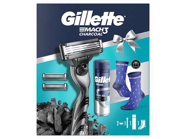 Set cadou Gillette Mach3 cu aparat de ras, 2 rezerve si gel de ras 200 ml + sosete