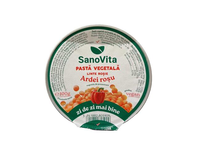 Pasta vegetala tartinabila din linte rosie cu ardei si ceapa Sano Vita 100g