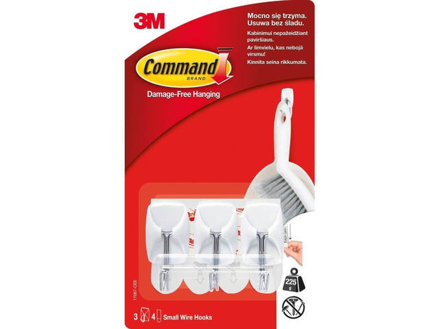 Set 3 carlige mici cu tija metalica si 4 benzi dublu adezive Command, greutate maxima sustinuta 225 g, Alb