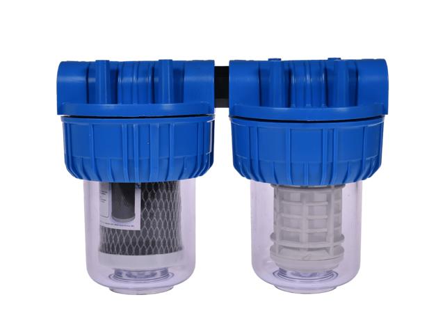 Filtru triplex de apa, 2 trepte filtrare, carbune + polipropilena + sita, 5" cu 1" in linie