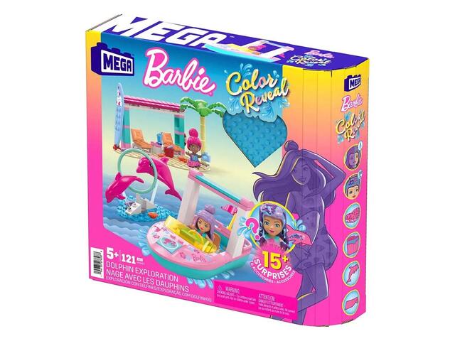 Set de constructie cu surprize Mega Barbie Color Reveal Explorarea delfinului, 121 piese, Multicolor