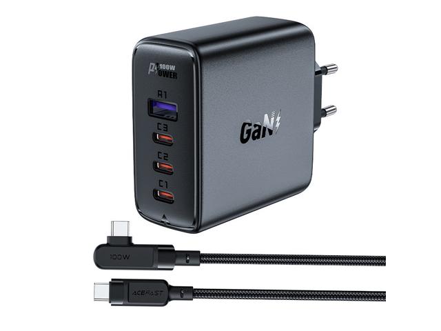 Acefast incarcator rapid GaN 3xUSB-C/1xUSB-A 100W negru + cablu unghiular USB-C - USB-C 100W 2m negru