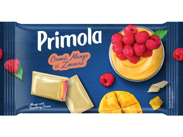 Ciocolata alba cu umplutura de mango si umplutura de zmeura Primola 93g