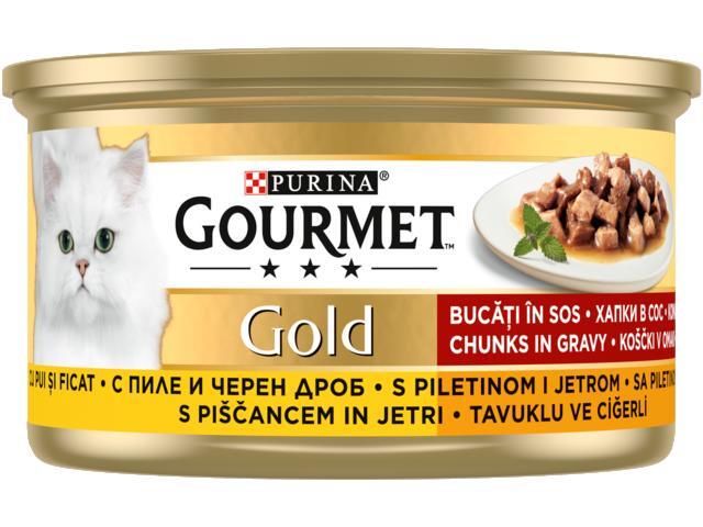 Hrana completa pentru pisici adulte cu pui si ficat Purina Gourmet Gold