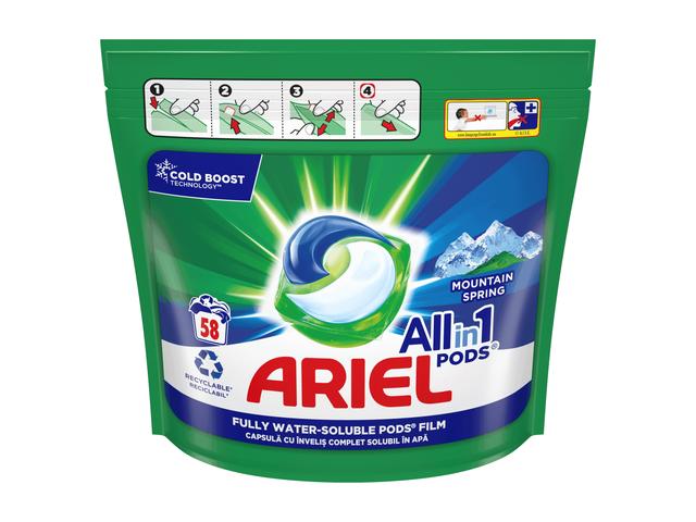 Detergent de rufe capsule Ariel All in One PODS Mountain Spring, 58 spalari