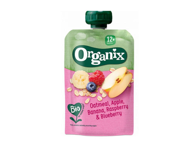 Piure de ovaz, mere, banane, zmeura si coacaze Organix, de la 12 luni, 100 g