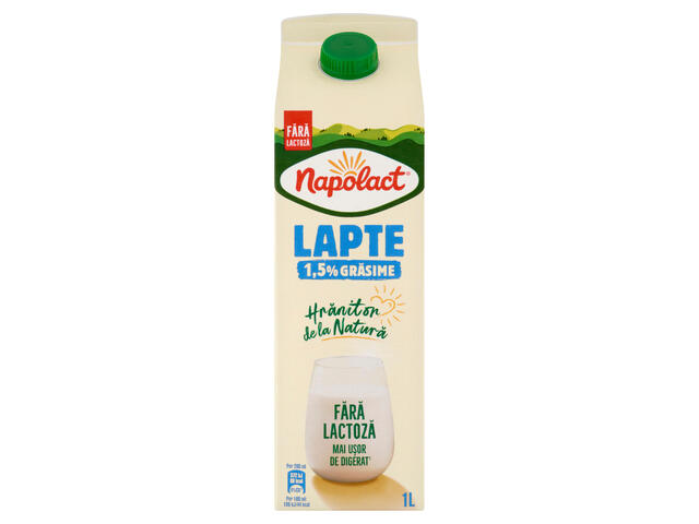 Lapte de consum semidegresat Napolact, fara lactoza, 1.5% grasime, 1 l