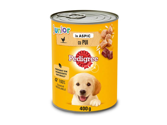 Hrana umeda la conserva pentru caini juniori Pedigree Junior, cu pui in aspic, 400 g