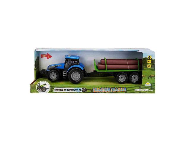Tractor albastru cu remorca cu lemne, cu lumini si sunete, Maxx Wheels, 44 cm