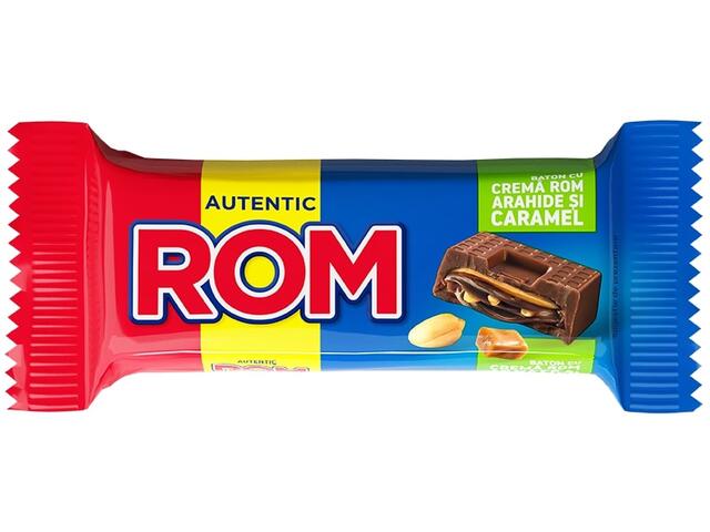 Baton cu lapte umplut cu caramel, crema (26%) de rom si arahide (2,3%) 29g Rom