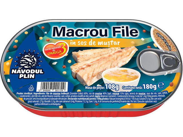 Macrou in sos de mustar Navodul Plin, 180 g