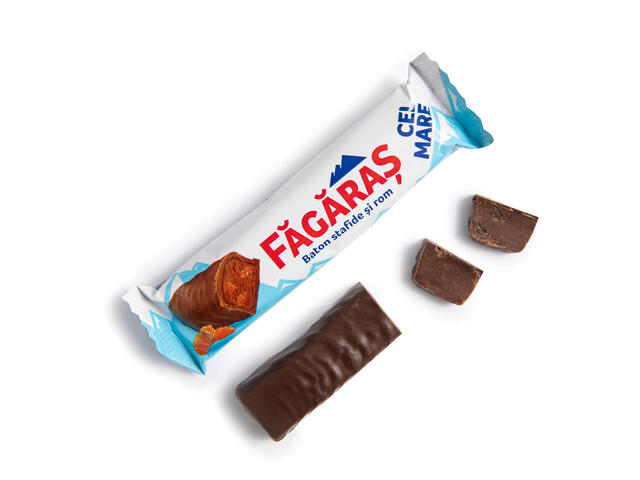 Baton cu 82% umplutura cu stafide si rom si glazura de cacao Fagaras 45g