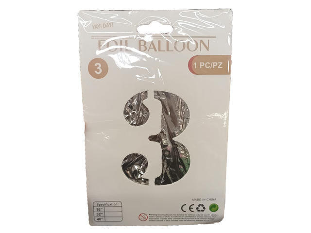 Balon folie cifra 3, 50x86 cm, Argintiu