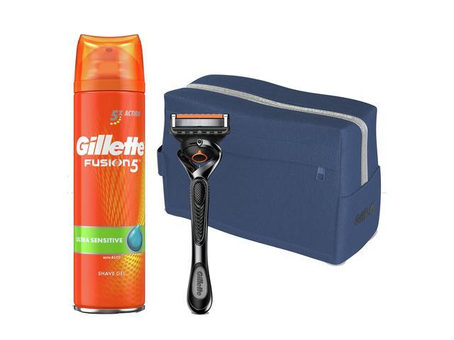 Set Cadou Gillette ProGlide: Aparat de ras + Gel de ras Fusion Ultra Sensitive, 200 ML + Suport pentru aparatul de ras + Trusa de voiaj