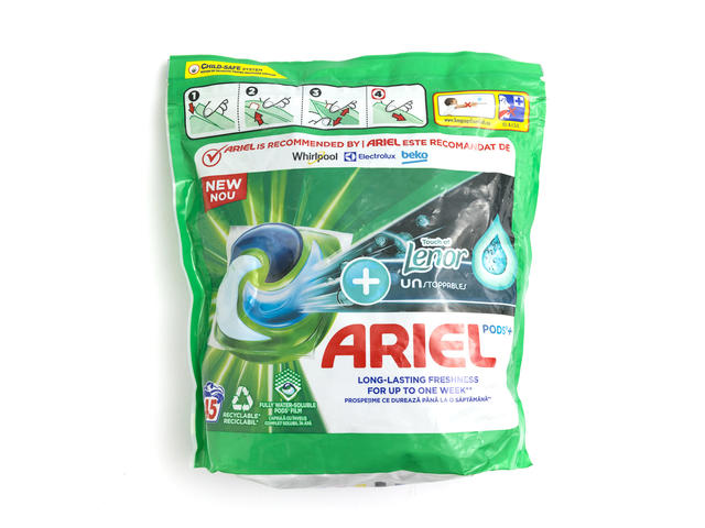 Detergent de rufe Capsule Ariel All-In-One Pods +Touch Of Lenor Unstoppables, 45 spalari