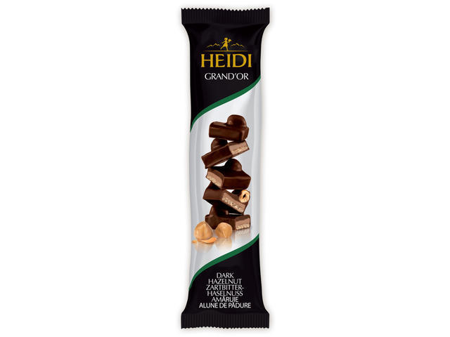 Baton ciocolata amaruie cu alune de padure intregi caramelizate Heidi 42 g