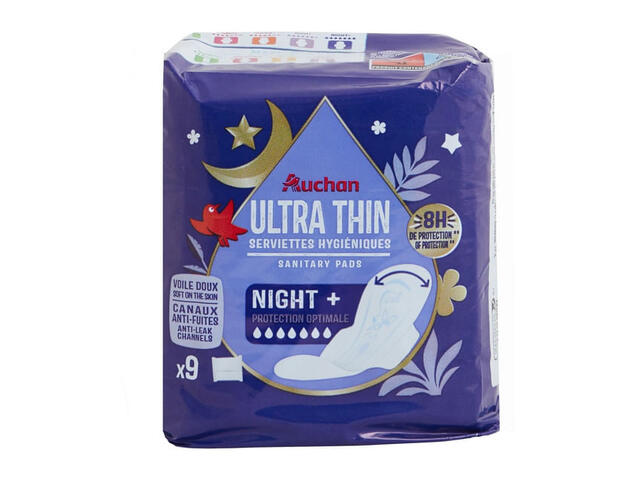 Absorbante igienice de noapte Auchan Ultra Thin Night+, 9 bucati