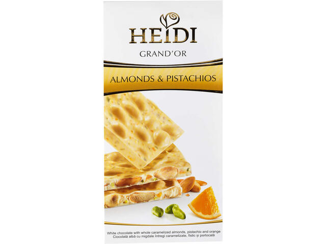 Ciocolata alba cu migdale, fistic si portocala Heidi Grand'Or 100g