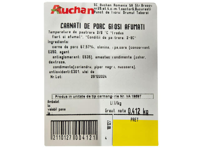 Carnati de porc, grosi si afumati Auchan, +/- 500 g