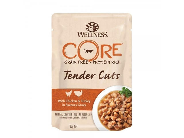 Hrana umeda pentru pisici Wellness Core Tender Cuts cu pui si curcan in sos 85 g