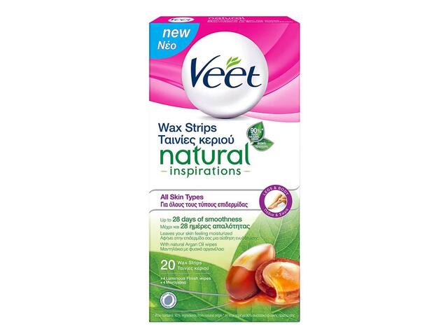 Benzi depilatoare pentru corp Veet , extract ulei de argan, 20 de benzi