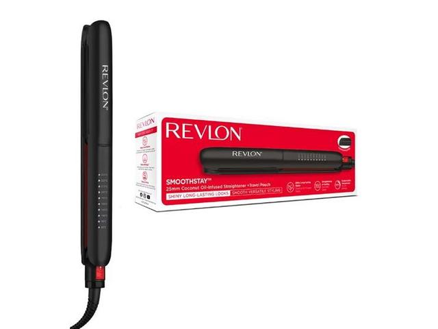 Placa de indreptat parul REVLON SmoothStay RVST2211PE, Infuzie cu ulei de cocos, 25 mm, 10 trepte de temperatura, Afisaj LCD, Geanta de depozitare (Negru)