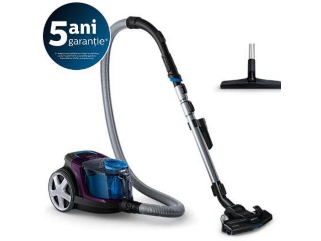 Aspirator fara sac Philips PowerPro Compact FC9333/09, 650 W, PowerCyclone 5, Perii TriActive, Parchet, Filtru Anti-Alergic, Negru/Mov