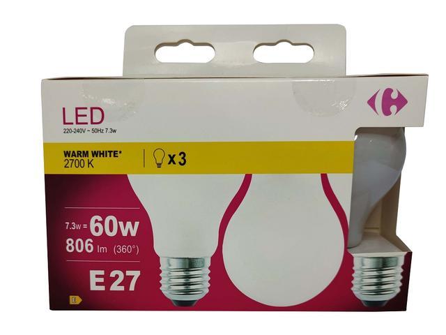 Set 3 becuri LED Carrefour, E27, 806 lm, 2700 K, 7.3 W (60 W)