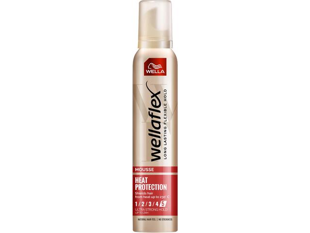 Spuma pentru par Wellaflex Heat Protection cu fixare ultra puternica, Fixare: 5/5, 200 ML