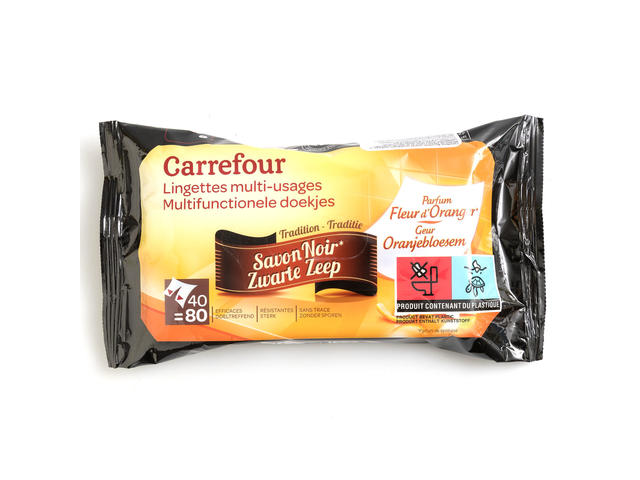Servetele umede cu utilizare multipla, cu parfum de sapun negru si flori de portocale, Carrefour, 2x40 bucati