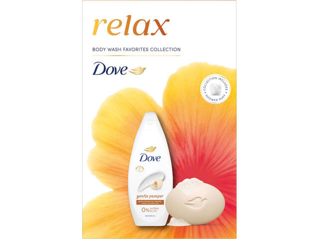 Set pentru cadou Dove Relax: gel de dus, 250 ml + sapun solid, 90 g + burete de dus