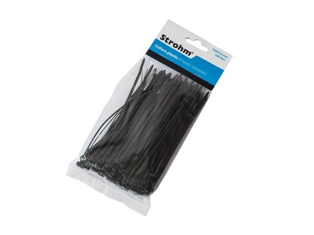 Set 100 coliere plastic Strohm, 150x3.6 mm, Negru