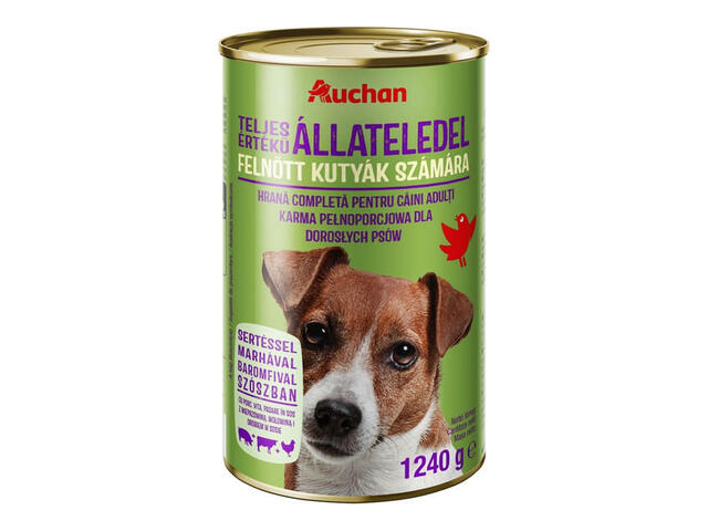 Conserva hrana umeda pentru caini Auchan cu porc, vita si pasare, 1240 g