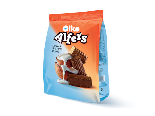 Napolitane Alka Alfers cu crema (47,5%) cocos, glazurate (36%) 180g