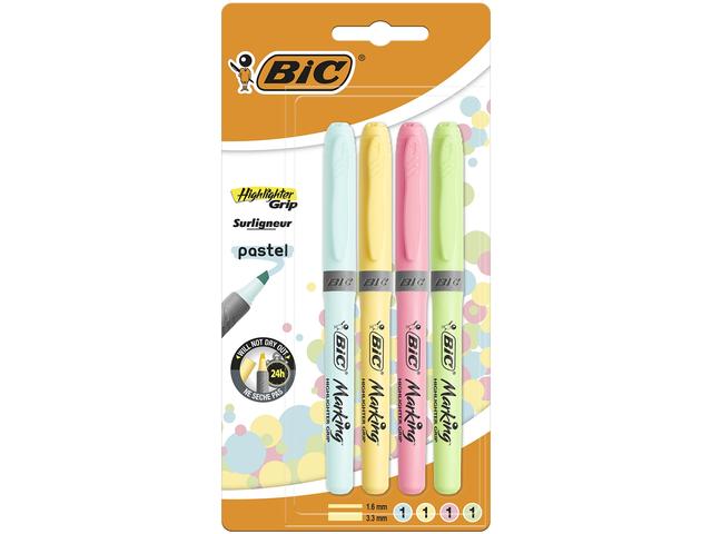 Set markere evidentiatoare Brite Liner Grip Pastel BIC, 4 bucati, Multicolor
