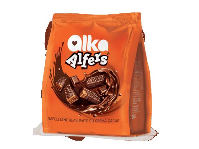 Napolitane Alfers cu crema de cacao, glazurate cu ciocolata, 180 g