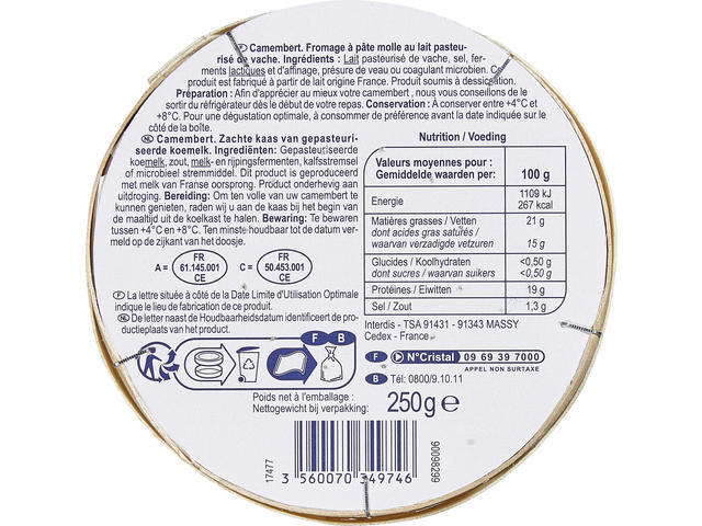 Camembert 45%  Carrefour 250g