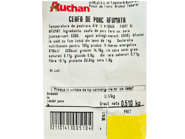 Ceafa de porc afumata Auchan, +/- 500 g