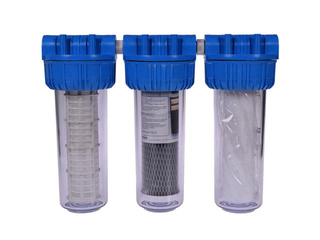 Filtru triplex de apa, carbune + polipropilena + sita, 10" cu 1/2" in linie