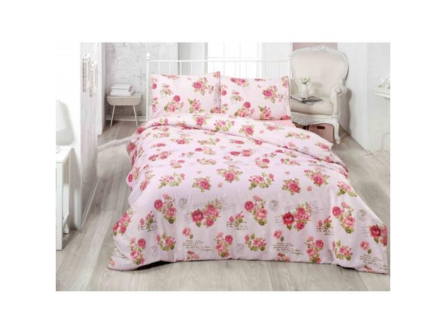 Lenjerie pat Latte Grete, 2 persoane, 50 % bumbac + 50 % pes, 4 piese, model floral, pudra