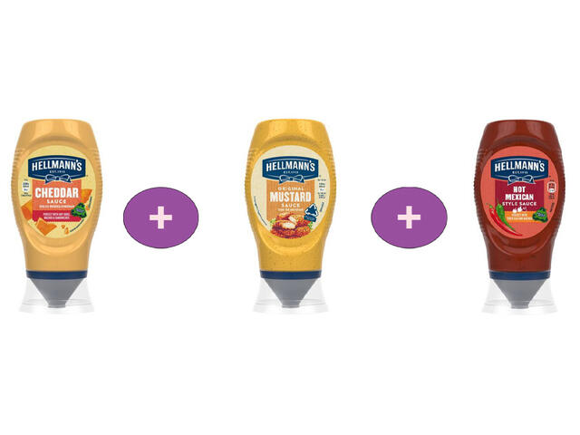 Hellmann's sos Cheddar 250 ML + Sos Mustar 250 ML Hellmann's + Sos Hellman's picant Mexican Style 250ML , 3 la pret de 2