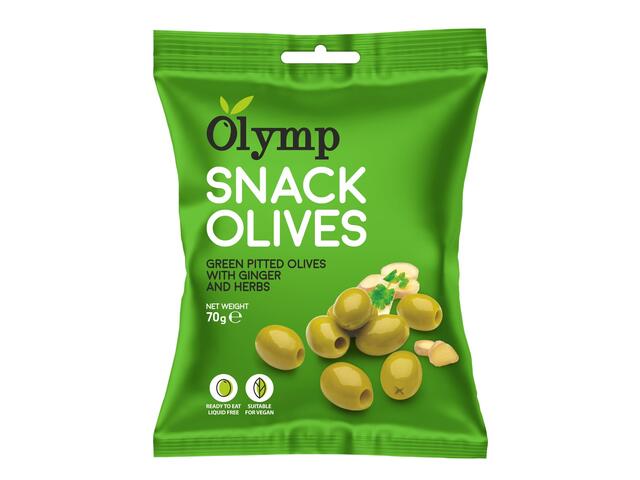 Masline snack verzi fara samburi cu ardei iute si ierburi,70g Olymp Snack