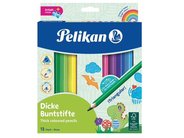 Set 12 creioane colorate cu ascutitoare, Pelikan, Jumbo