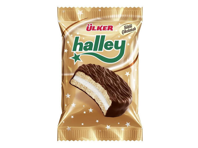 Biscuiti sandwich cu bezea si invelis de ciocolata cu lapte Ulker Halley, 30 g