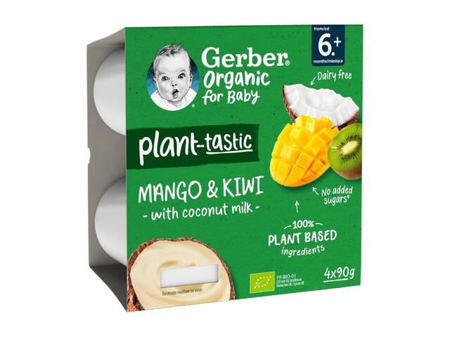 Iaurt vegetal pentru bebelusi Gerber Bio cu mango, kiwi si cocos, de la 6 luni, 4 x 90 g