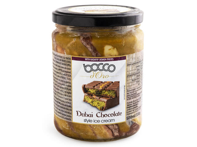 Inghetata Dubai de ciocolata si fistic cu taitei cataif, sos de fistic si sos de crema de cacao 500ml