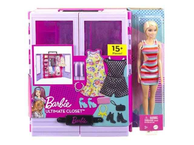 Set Papusa Barbie cu dulap, haine si accesorii