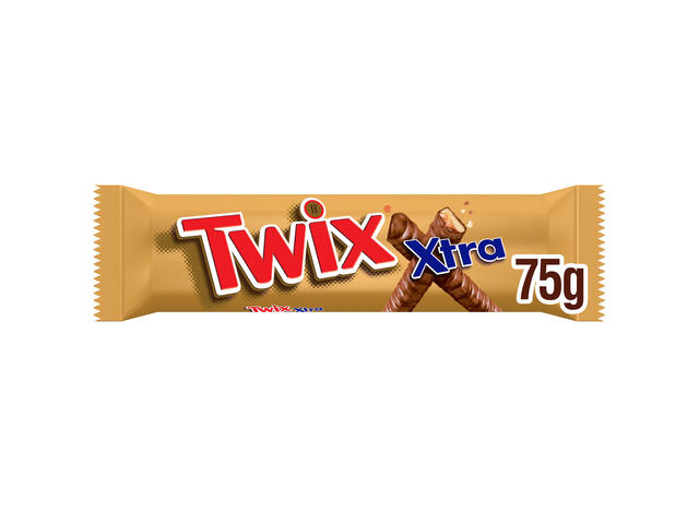 Batoane de biscuiti si caramel invelite in glazura de ciocolata xtra Twix 75-g