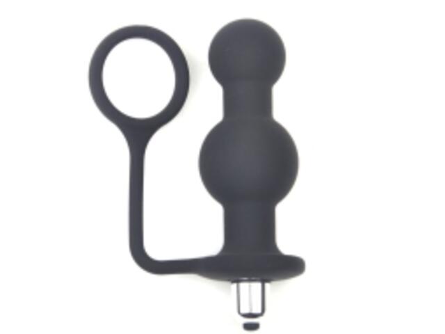 Black Silicone Vibrating Anal Beads with Cock Ring LUX09730